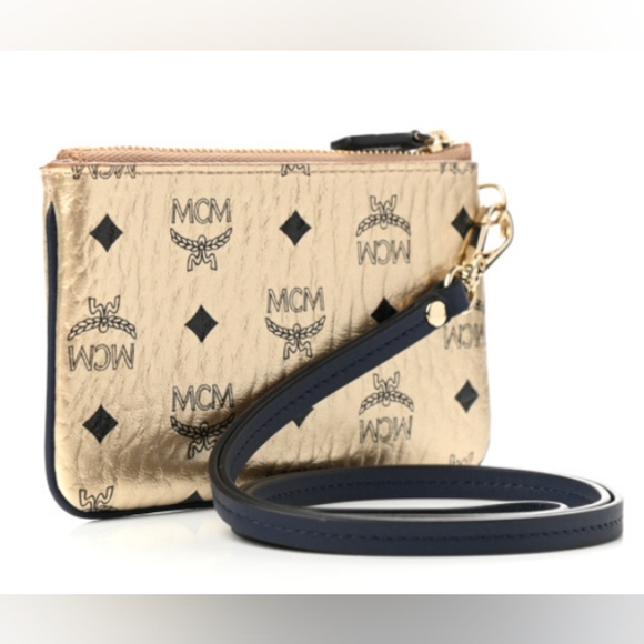 NWOT MCM Metallic Gold Zip Pouch W/ Strap - Picture 3 of 7